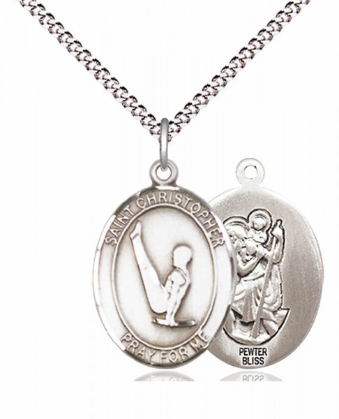 Girl's Pewter Oval St. Christopher Gymnastics Medal - 18" Rhodium Plated Medium Chain + Clasp