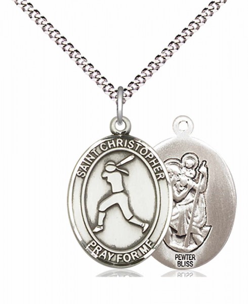 Girl's Pewter Oval St. Christopher Softball Medal - 18" Rhodium Plated Heavy Chain + Clasp