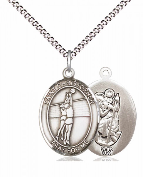 Girl's Pewter Oval St. Christopher Volleyball Medal - 18" Rhodium Plated Medium Chain + Clasp