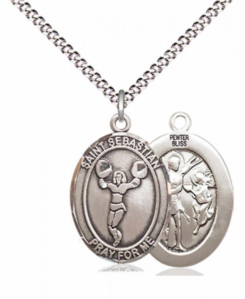 Girl's Pewter Oval St. Sebastian Cheerleading Medal - 18" Rhodium Plated Medium Chain + Clasp