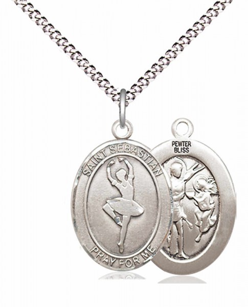 Girl's Pewter Oval St. Sebastian Dance Medal - 18" Rhodium Plated Medium Chain + Clasp