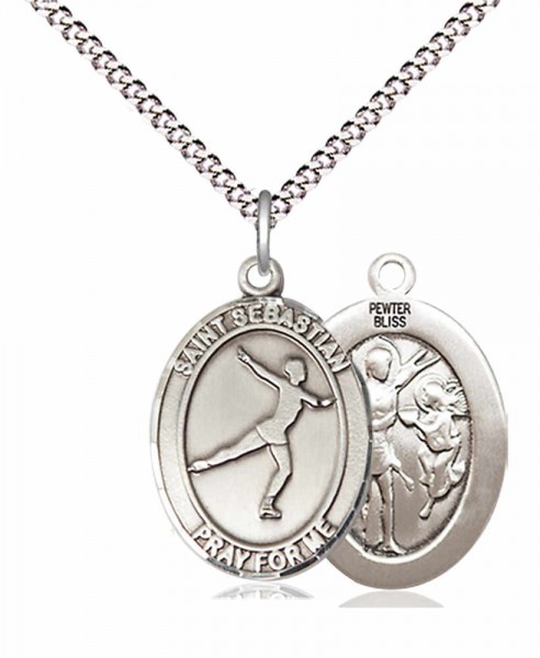 Girl's Pewter Oval St. Sebastian Figure Skating Medal - 18" Rhodium Plated Medium Chain + Clasp