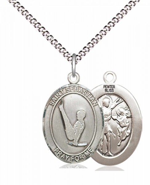 Girl's Pewter Oval St. Sebastian Gymnastics Medal - 18" Rhodium Plated Medium Chain + Clasp