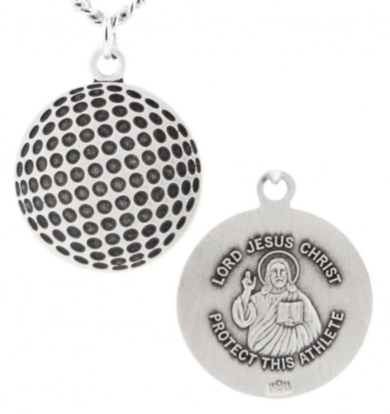 Golf Ball Shape Necklace with Jesus Figure Back in Sterling Silver - 20" 2.2mm Stainless Steel Chain with Clasp