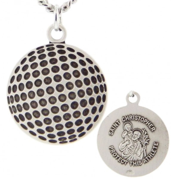 Golf Ball Shaped Necklace with Saint Christopher Back in Sterling Silver - 24" Sterling Silver Chain + Clasp