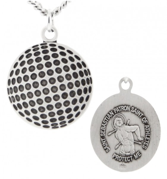 Golf Ball Shaped Necklace with Saint Sebastian Back in Sterling Silver - 24" 3mm Stainless Steel Chain + Clasp