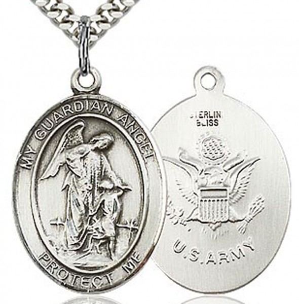 Guardian Angel Army Medal, Sterling Silver, Large - 24" 2.4mm Rhodium Plate Endless Chain