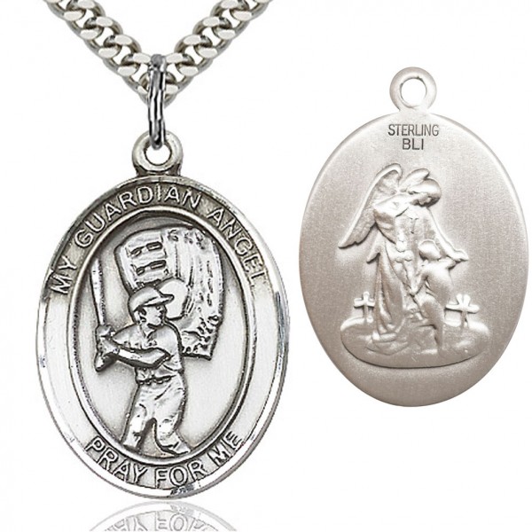 Guardian Angel Baseball Medal, Sterling Silver, Large - 24" 2.4mm Rhodium Plate Chain + Clasp
