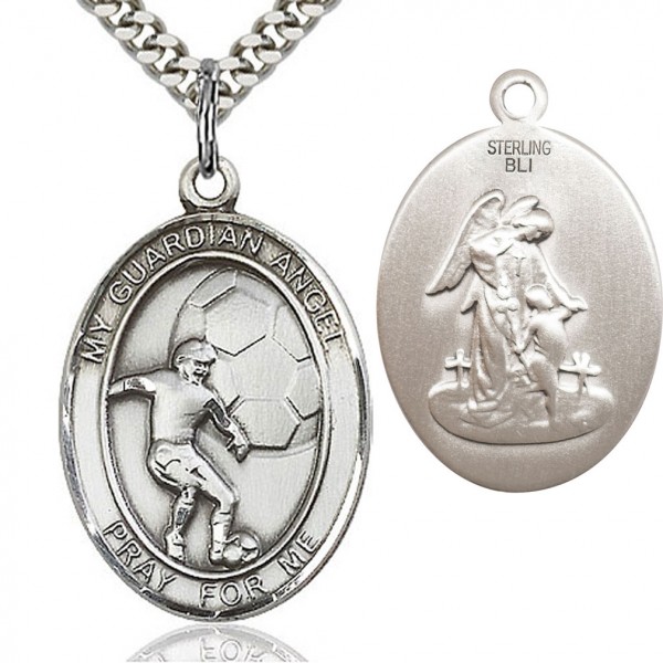 Guardian Angel Soccer Medal, Sterling Silver, Large - 24" 2.4mm Rhodium Plate Endless Chain