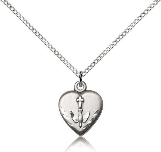 Heart Confirmation Medal, Sterling Silver - 18" Lite Rhodium Plate Chain + Clasp