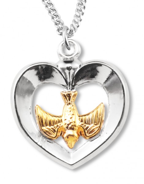 Women's Sterling Silver Two Tone Heart Necklace with Holy Spirit Center with Chain Options - 18" 2.2mm Stainless Steel Chain + Clasp