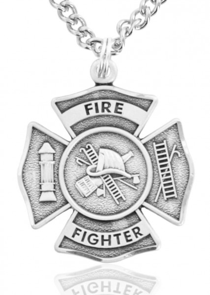 Heartland Men's Sterling Silver Firefighter Philippians 4:13 Medal with Cross - 24" Stainless Steel Chain + Clasp