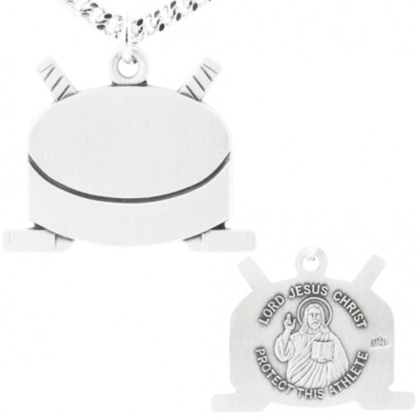 Hockey Sticks Necklace with Jesus Figure Back in Sterling Silver - 24" Sterling Silver Chain + Clasp