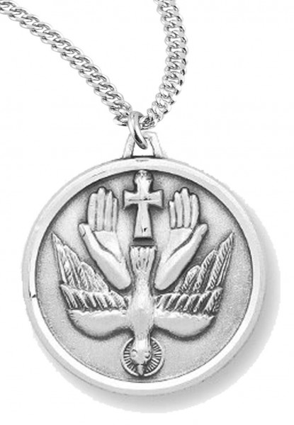 Women's or Boy's Holy Spirit Necklace Round, Sterling Silver with Chain - 20" 2.2mm Stainless Steel Chain with Clasp