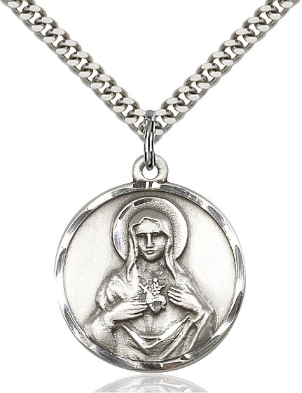 Immaculate Heart of Mary Medal, Sterling Silver - 24" 2.2mm Sterling Silver Chain + Clasp