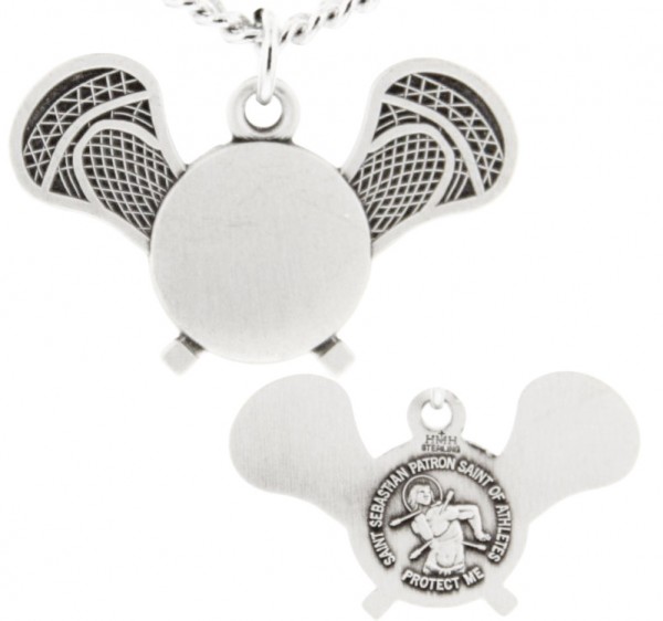 Lacrosse Racket Necklace with Saint Sebastian Back in Sterling Silver - 20" 2.2mm Stainless Steel Chain with Clasp