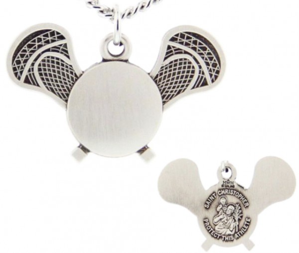 Lacrosse Stick Necklace with Saint Christopher Back in Sterling Silver - 20" 2.2mm Stainless Steel Chain with Clasp