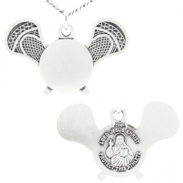 Lacrosse Stick and Ball Shape Necklace with Jesus Figure Back in Sterling Silver - 24" 3mm Stainless Steel Chain + Clasp