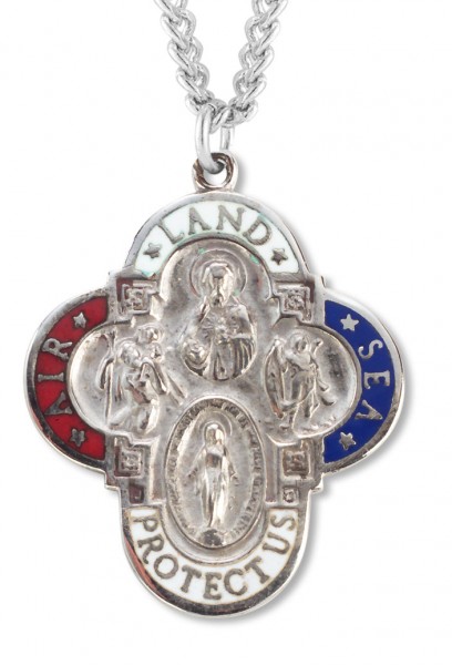 Men's Sterling Silver Red, White, Blue Land, Air, Sea 4 Way Necklace with Chain Options - 24" 3mm Stainless Steel Chain + Clasp
