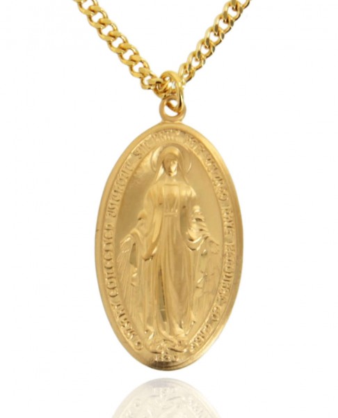 Large Men's Deluxe 16k Gold Plated Sterling Silver Oval Miraculous Medal - 24" 2.4mm Gold Plated Chain + Clasp