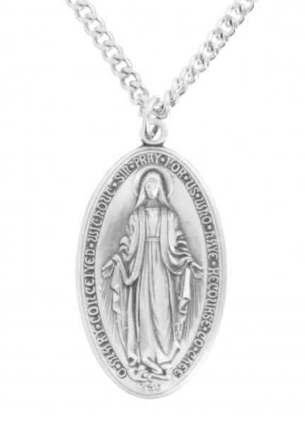 Large Men's Deluxe Sterling Silver Oval Miraculous Medal - 20" 1.8mm Sterling Silver Chain + Clasp