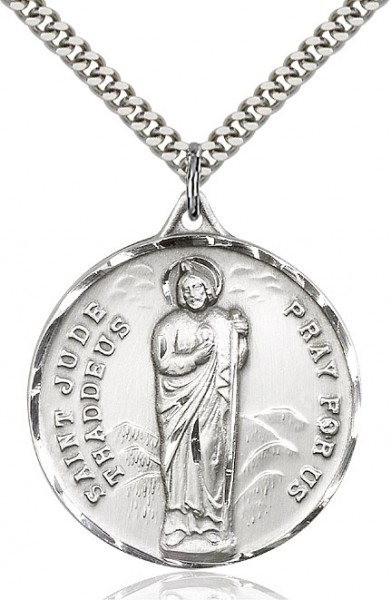 Large Men's Sterling Silver Saint Jude Medal - 24" 2.2mm Sterling Silver Chain + Clasp
