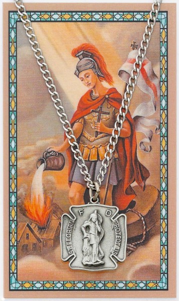Large St. Florian Pewter Medal with Prayer Card - Silver tone
