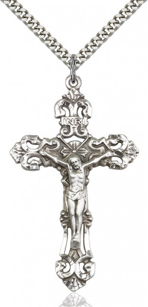 Large Sterling Silver Crucifix Pendant - 27" 2.4mm Rhodium Plated Endless Chain