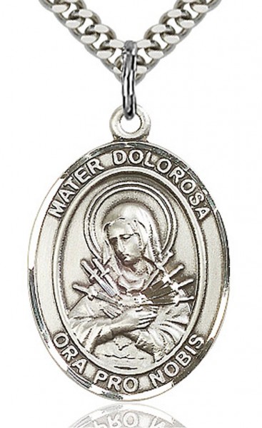 Mater Dolorosa Medal, Sterling Silver, Large - 24" 2.4mm Rhodium Plate Endless Chain