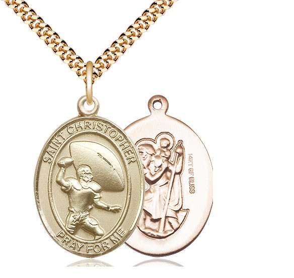 Men's 14Kt Gold Filled Saint Christopher Football Necklace - 24" 2.4mm Gold Plated Chain + Clasp
