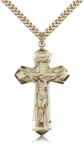 Men's 14kt Gold Filled Crucifix Pendant - 24" 2.4mm Gold Plated Chain + Clasp