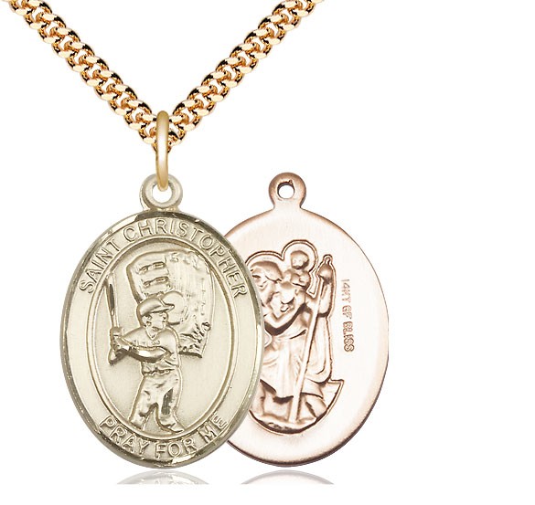 Men's 14kt Gold Filled Saint Christopher Baseball Necklace - 24" 2.4mm Gold Plated Endless Chain