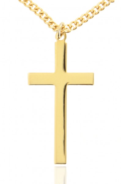 Men's High Polish Classic Plain 16k Gold Plated Cross Necklace - 24" 2.4mm Endless Gold Plated Chain