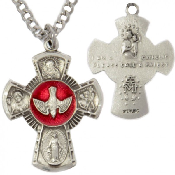 Men's 4 Way Sterling Silver Necklace with Red Enamel - 20" 2.2mm Stainless Steel Chain with Clasp