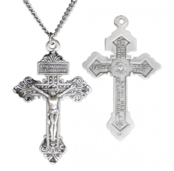 Men's Sterling Silver Behold This Heart Crucifix Pardon Necklace - 20" 2.2mm Stainless Steel Chain with Clasp