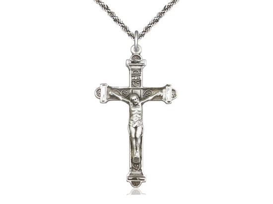 Men's Crucifix Pendant Antique Silver Accents Cross Bar Edges - 20" 1.8mm Sterling Silver Chain + Clasp