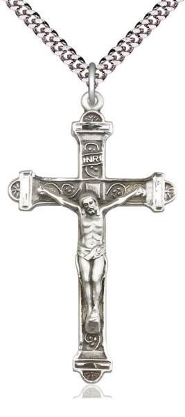 Men's Crucifix Pendant Antique Silver Accents Cross Bar Edges - 30" 2.4mm Rhodium Plated Endless Chain