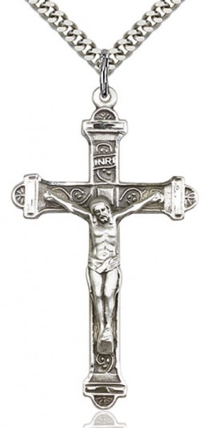 Men's Crucifix Pendant Antique Silver Accents Cross Bar Edges - 24" 2.4mm Rhodium Plate Chain + Clasp