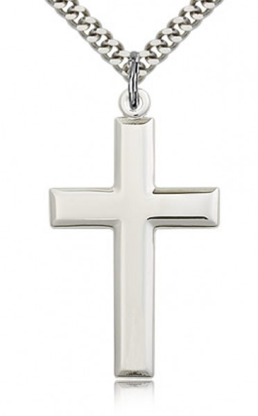 Men's High Polish Sterling Silver Cross Pendant - 24" 2.4mm Rhodium Plate Chain + Clasp