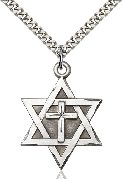 Men's Large Sterling Silver Star of David with Cross Pendant - 30" 2.4mm Rhodium Plated Endless Chain