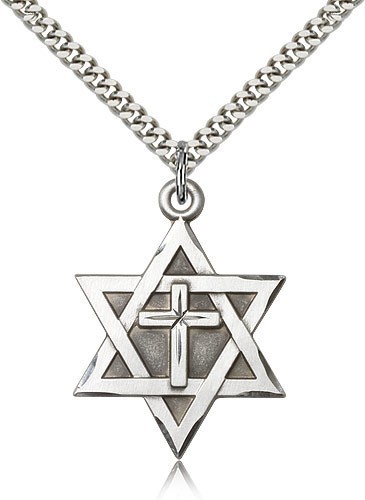 Men's Large Sterling Silver Star of David with Cross Pendant - 20" 1.8mm Sterling Silver Chain + Clasp