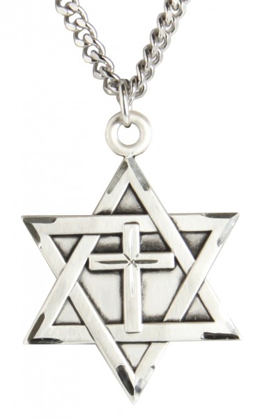 Men's Large Sterling Silver Star of David with Cross Pendant - 27" 2.4mm Rhodium Plated Endless Chain