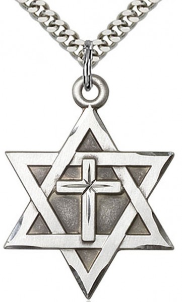 Men's Large Sterling Silver Star of David with Cross Pendant - 24" 2.4mm Rhodium Plate Chain + Clasp
