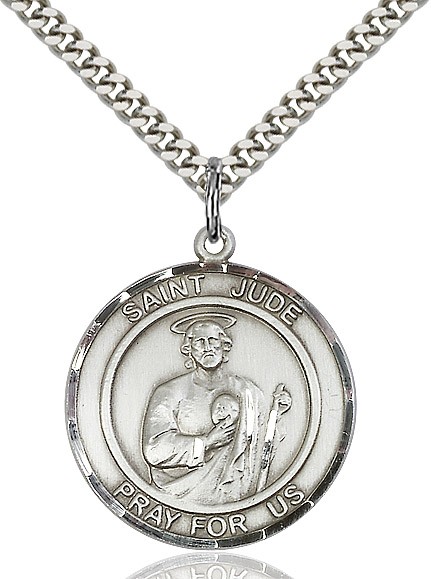 Men's Larger Round Sterling Silver St. Jude Pendant - 24" 2.4mm Rhodium Plate Endless Chain