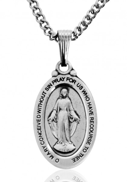 Men's Oval Sterling Silver Miraculous Medal with Decorative Bale - 24" 2.4mm Rhodium Plate Chain + Clasp