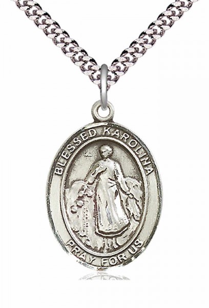 Men's Pewter Oval Blessed Karolina Kozkowna Medal - 24" 2.4mm Rhodium Plate Chain + Clasp