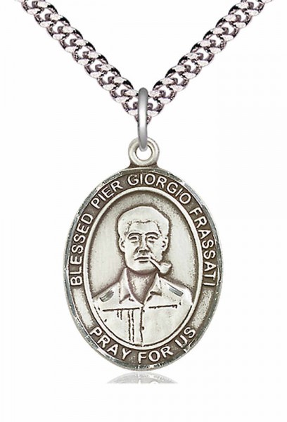 Men's Pewter Oval Blessed Pier Giorgio Frassati Medal - 20" Rhodium Plate Chain + Clasp
