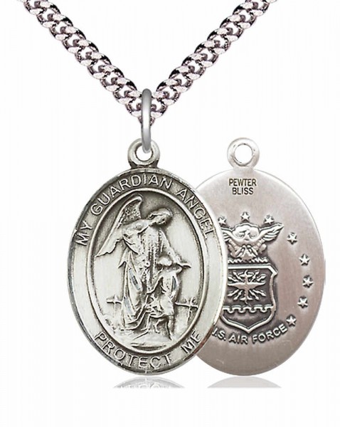 Men's Pewter Oval Guardian Angel Air Force Medal - 24" 2.4mm Rhodium Plate Endless Chain