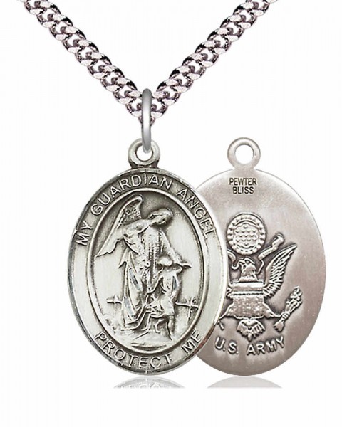 Men's Pewter Oval Guardian Angel Army Medal - 24" 2.4mm Rhodium Plate Chain + Clasp