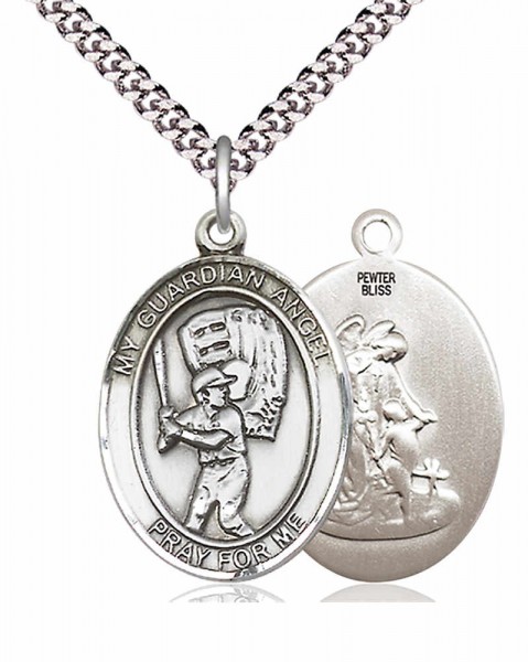Men's Pewter Oval Guardian Angel Baseball Medal - 20" Rhodium Plate Chain + Clasp